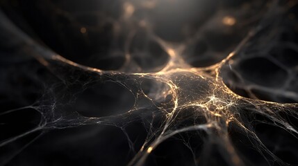 Fototapete - Intricate spiderweb structure illuminated by golden light, detailed macro view of delicate threads against a dark background.  A mesmerizing natural design. : Generative AI