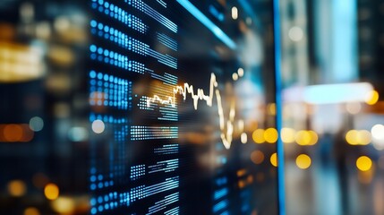Fototapete - Close-up view of a digital screen displaying dynamic financial data, illuminated by vibrant blue and gold hues, with a blurred city backdrop at night. : Generative AI