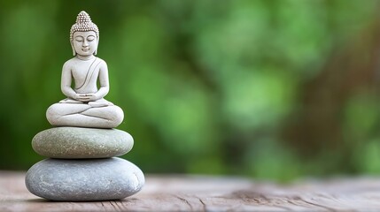 Poster - Serene Buddha statue meditates atop a balanced stack of grey and green stones, set against a softly blurred green background. : Generative AI