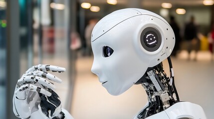 Fototapete - Close-up profile view of a humanoid robot, its articulated hand gently touching its face, set against a blurred indoor background. : Generative AI