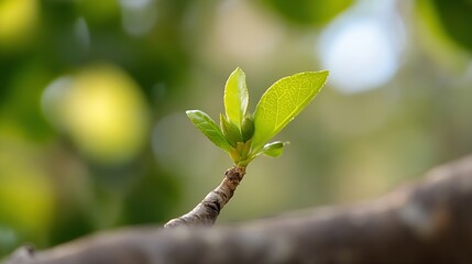 Poster - A vibrant new sprout emerges from a tree branch, showcasing delicate, bright green leaves against a softly blurred background of nature's greenery. : Generative AI