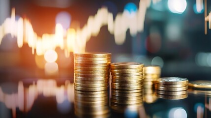 Leinwandbilder - Stacks of golden coins reflecting on a dark surface, with a blurred background of a rising stock market graph, symbolizing financial growth and investment success. : Generative AI
