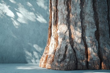 Sunlit tree trunk against a textured wall, showcasing the bark's deep texture and shadows.