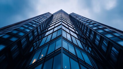 Poster - A striking low-angle view of a modern skyscraper's glass facade, showcasing its geometric design and dark blue hues under a dramatic sky. : Generative AI