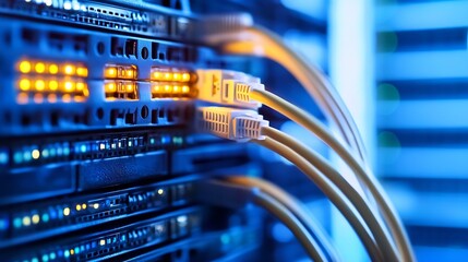 Poster - Close-up view of fiber optic cables connected to a network server, glowing orange lights illuminating the ports, blue toned lighting, technology infrastructure. : Generative AI