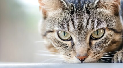 Aufkleber - Close-up portrait of a tabby cat with intense green eyes, its fur detailed, showing a pensive expression. The cat's whiskers are prominent, and its nose is delicately pink. : Generative AI