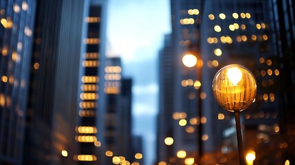 Poster - Illuminated city street at dusk, a single glowing lamp post in focus against a bokeh backdrop of skyscrapers and warm lights. : Generative AI
