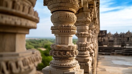 Aufkleber - Intricate stone carvings adorn ancient temple columns, showcasing detailed bas-reliefs and architectural artistry against a backdrop of a serene landscape. : Generative AI