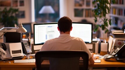 Poster - Man working late at night in his home office, illuminated by a desk lamp, focused on his computer screen, surrounded by paperwork and office equipment. : Generative AI