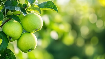 Aufkleber - Three ripe green apples hanging from a branch, surrounded by lush green leaves and a blurred natural background, showcasing the vibrant colors of nature and the freshness of the fruit. : Generative AI
