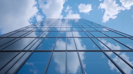 Aufkleber - Modern skyscraper facade reflecting blue sky and fluffy clouds, showcasing a grid of glass panels and sleek metal framing, creating a striking architectural image. : Generative AI