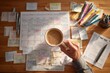 © Tatiana - Person holding a coffee cup above a cluttered workspace with notes and planners