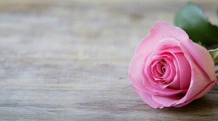 Poster - Single pink rose resting on a rustic grey wooden surface, delicate petals, soft light, romantic and elegant floral image. : Generative AI