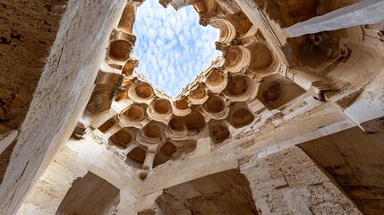 Fototapete - Ancient stone structure, intricate ceiling detail reveals a skylight, showcasing weathered stonework and architectural design elements of a historical building. : Generative AI