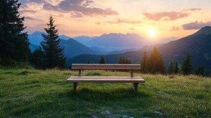 Aufkleber - Wooden bench overlooking a majestic mountain range at sunset, bathed in warm golden light, offering a serene and peaceful view. : Generative AI