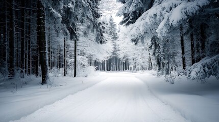 Poster - Snowy path winding through a dense, snow-covered evergreen forest, creating a serene winter wonderland scene. : Generative AI