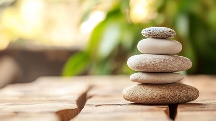 Leinwandbilder - Serene Stack of Smooth Stones on Wooden Surface, Peaceful Zen Garden Atmosphere, Natural Light, Tranquil Spa Setting : Generative AI