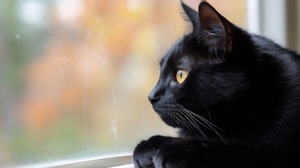 Aufkleber - A black cat with striking yellow eyes sits by a window, gazing intently at an autumnal scene blurred in the background. : Generative AI