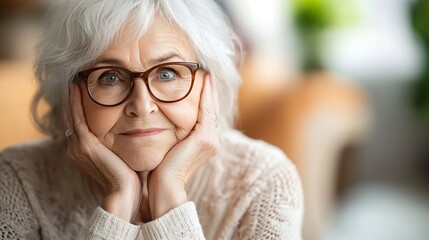 Poster - Portrait of a thoughtful senior woman with gray hair, wearing glasses, and a beige sweater, her hands gently resting on her chin, against a blurred background. : Generative AI