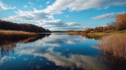 Aufkleber - Serene autumn landscape: a tranquil lake reflects a vibrant blue sky dotted with fluffy white clouds, framed by golden reeds and autumnal trees. : Generative AI