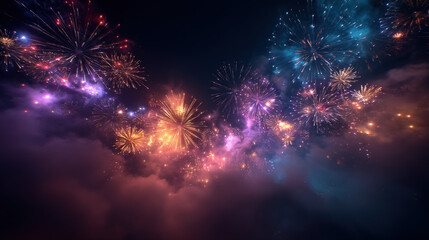 Aufkleber - A breathtaking spectacle of vibrant fireworks exploding against a dark night sky, creating a mesmerizing display of colorful bursts and smoky trails.