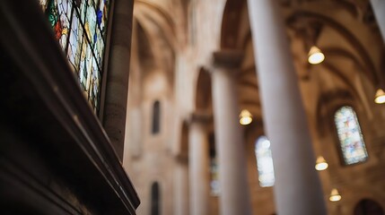 Poster - A close-up view of a stained glass window in a cathedral, showcasing intricate details and vibrant colors, with blurred background of columns and arches. : Generative AI