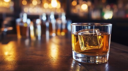 Fototapete - Whiskey glass with ice cube on a wooden bar counter, blurred bar background, amber liquid, golden hour lighting, nightlife setting. : Generative AI