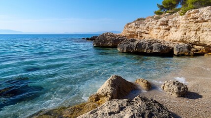 Poster - Serene coastal scene: turquoise water laps gently against sun-drenched rocks, a tranquil beach framed by a dramatic cliff face under a clear blue sky. : Generative AI