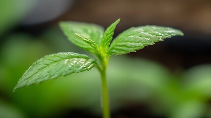 Poster - Close-up of a vibrant green seedling, showcasing delicate leaves with water droplets, growing against a blurred natural background. : Generative AI