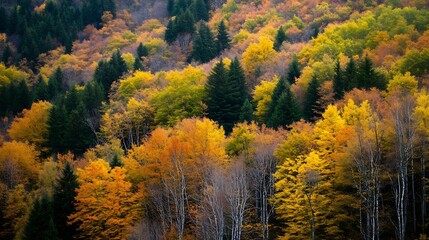 Poster - Vibrant autumnal forest scene showcasing a hillside of golden, orange, and yellow deciduous trees interspersed with dark evergreen conifers, creating a rich tapestry of fall colors. : Generative AI