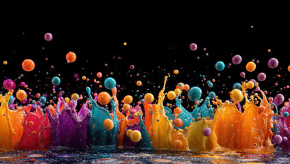Leinwandbilder - Vibrant multicolored paint splash with glossy spheres exploding against a black backdrop, creating a dynamic and energetic composition.