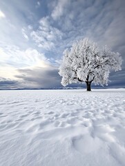 Poster - Solitary snow-covered tree stands in a vast, white winter field under a dramatic, cloudy sky, mountains in the distance. : Generative AI