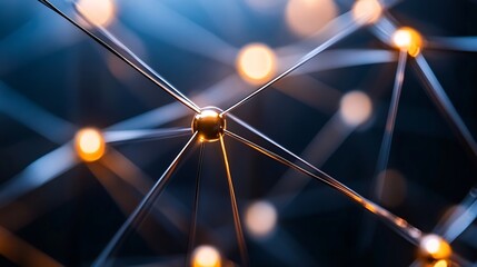 Fototapete - Abstract network connection, golden sphere nodes linked by metallic lines, dark blue background, illuminated points, digital technology concept. : Generative AI