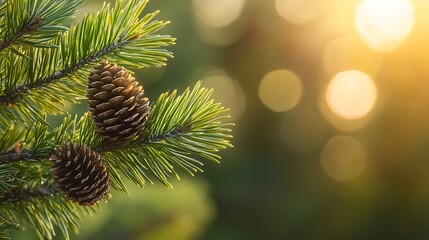 Aufkleber - Close-up view of two pine cones on a vibrant green pine branch, bathed in warm, golden sunlight, against a softly blurred forest background. : Generative AI