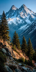 Aufkleber - Majestic snow-capped mountains at sunrise, viewed from a rocky hillside with evergreen trees in the foreground.  The sun illuminates the mountain peaks and the valley below.