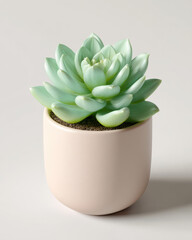 Poster - A pale pink ceramic pot contains a vibrant light green succulent plant, its fleshy leaves arranged in a rosette pattern, sitting on a minimalist white background.
