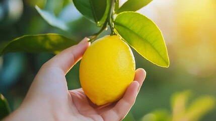 Aufkleber - A hand gently holds a ripe, yellow lemon plucked fresh from a tree branch, sunlight illuminating the citrus fruit and green leaves. : Generative AI