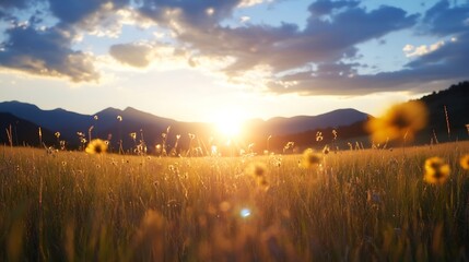 Fototapete - Golden hour sunset illuminates tall grass meadow, wildflowers backlit by warm sunlight, distant mountain range silhouette. : Generative AI