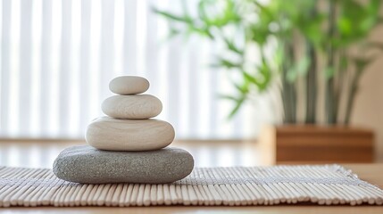 Poster - Serene Stack of Balanced Stones on a Bamboo Mat, Peaceful Spa Setting with Blurred Background of Plants and Window : Generative AI