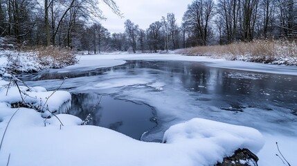 Poster - Frozen river scene in winter, snow-covered banks and leafless trees reflecting in the partially frozen water, tranquil winter landscape. : Generative AI