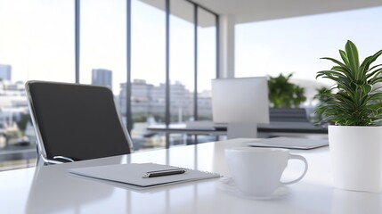 Poster - Modern office workspace with a white desk, black chair, notebook, pen, coffee cup, and plant, overlooking a city skyline through large windows. : Generative AI