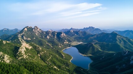 Poster - Aerial view of a serene mountain lake nestled amidst lush green peaks, under a clear blue sky. The landscape showcases rugged, rocky mountain formations and dense forest cover. : Generative AI