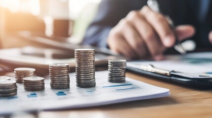Leinwandbilder - Stacks of coins on financial report, businessman reviewing documents in blurry background.  Growth, investment, and financial planning concept. : Generative AI