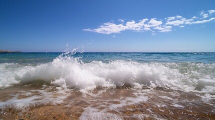 Poster - Ocean wave crashing on sandy beach under a bright blue sky with fluffy white clouds.  A close-up view of the foamy water and the glistening sand. : Generative AI