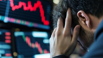 Aufkleber - Stressed businessman reviewing negative stock market data on computer screens, experiencing financial loss and market downturn. : Generative AI