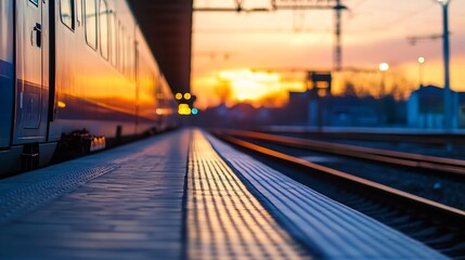 Poster - Train at Sunset: A modern high-speed train stands at a platform, bathed in the warm glow of a setting sun, creating a dramatic and peaceful scene. : Generative AI