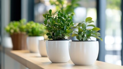Poster - Three potted plants with lush green foliage sit on a light wood shelf near a bright window, showcasing vibrant greenery and a tranquil indoor scene. : Generative AI