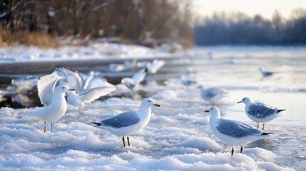 Aufkleber - Several white gulls stand on a snowy riverbank, wings partially spread, winter sunlight illuminating the scene.  Frozen water and blurred background of trees and snow. : Generative AI
