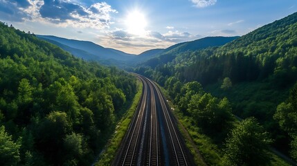 Aufkleber - Aerial view of a railway track winding through a lush green valley, bathed in the warm light of the setting sun, mountains in the background. : Generative AI