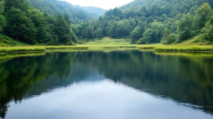 Aufkleber - Serene mountain lake reflecting lush green forest, tranquil water surface mirroring trees and sky, peaceful nature scene. : Generative AI
